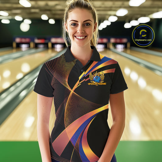 Woman wearing a colorful bowling shirt with a logo in a bowling alley