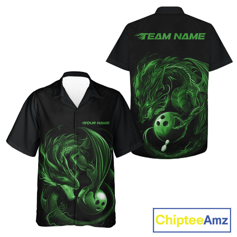Custom Black And Green Dragon Bowling Shirts, Bowling League Shirt Dragon Men And Women Jersey IPHW10705