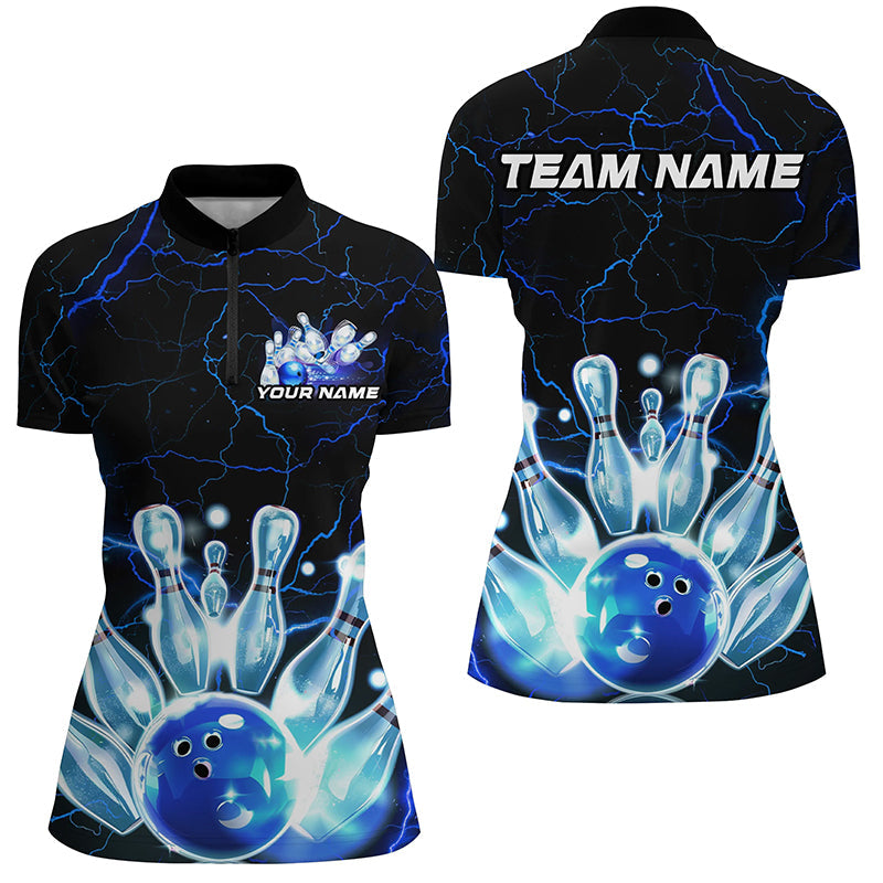 Black And Blue Thunder Lightning Custom Ladies Bowling Polo Shirts, Bowling League Shirts IPHW7121