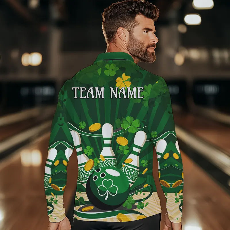 Custom Green St Patrick'S Day Bowling Long Sleeve Polo Shirts For Men, Celtic Team Bowling Outfits IPHW8375