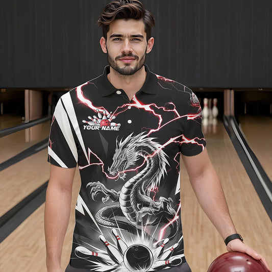 Custom Black And Red Thunder Lightning Dragon Bowling Team Polo Shirts For Men IPHW8556
