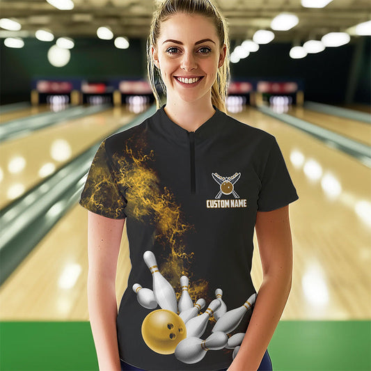 Custom Yellow Bowling Women Quarter-Zip Shirts Bowling Team Jerseys Bowling League Shirts IPHW8882