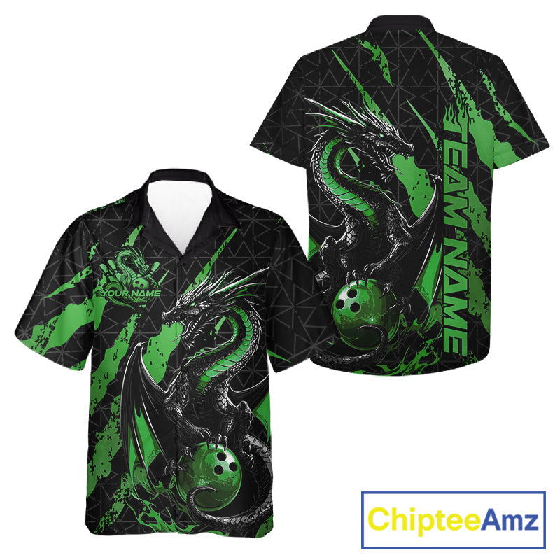 Custom Black And Green Dragon Bowling Men And Women Hawaiian Shirts, Team Bowling Jerseys IPHW10750