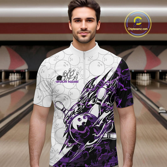 Male model wearing a white bowling quarter-zip shirt at the bowling lane with bowling ball and pin graphics accented by sharp purple camo streaks.