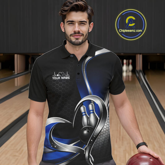 Male model in a bowling lane wearing a black and blue polo shirt with honeycomb design and a heart-framed bowling ball hitting pins graphic.
