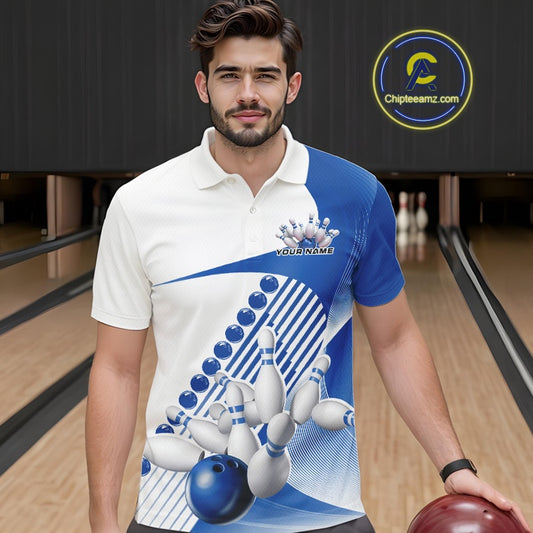 Male model in a bowling lane wearing a white and blue polo shirt with wavy geometric stripes and a dynamic bowling strike illustration.