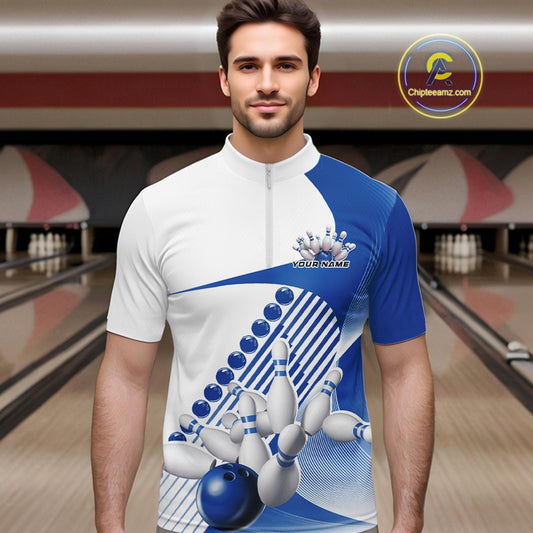 Male model in a bowling lane wearing a white and blue quarter zip shirt, showcasing wavy geometric stripes with a bowling ball hitting pins graphic.