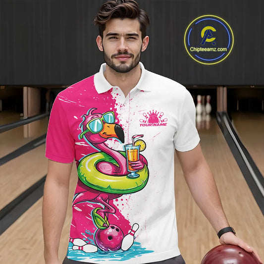 Custom Funny Flamingo Bowling Men Polo Shirt, Flamingo Bowling Tourmanent Shirt IPHW10266
