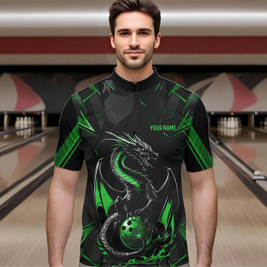 Custom Black And Irish Green Dragon Bowling Quarter-Zip Shirts For Men, Bowling Team Uniform IPHW8641
