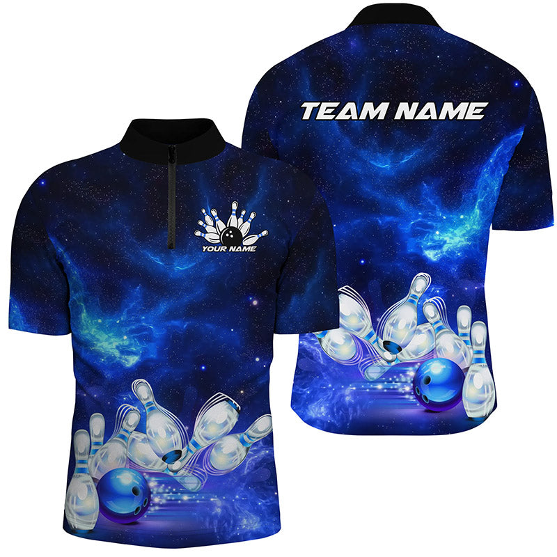 Custom Blue Galaxy Bowling Shirts For Men, Bowling Team Shirts Bowlers Outfits IPHW7546