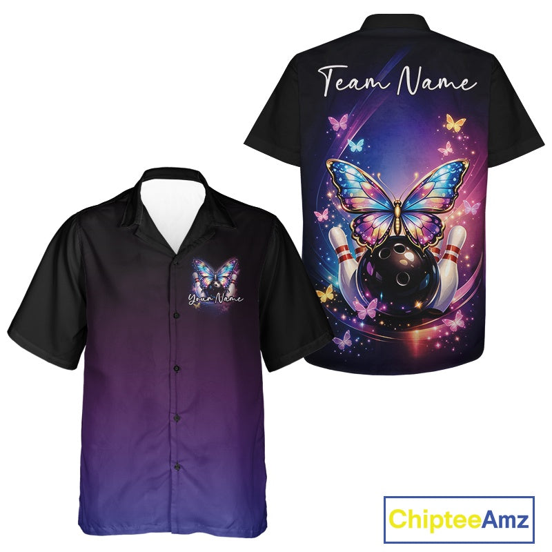Front and back views of a colorful button-up bowling shirt showcasing glowing butterflies, fallen pins, and a cosmic bowling scene.