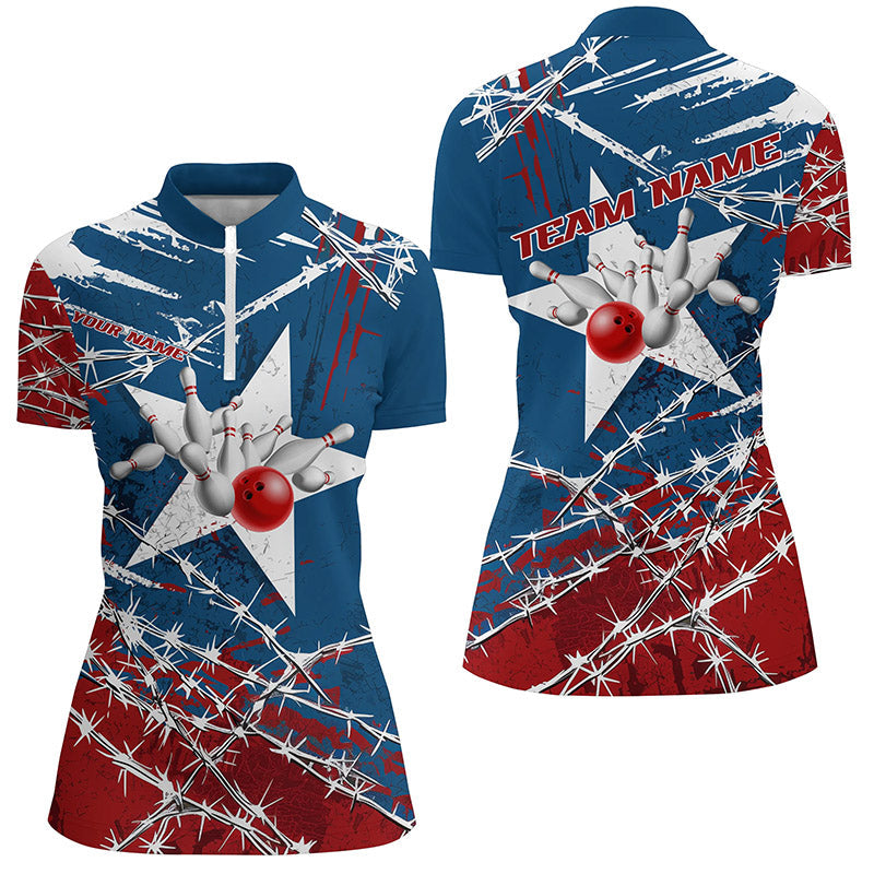 Custom Texas Ladies Bowling Shirt, Barbed Wire Texas Star Bowling Team Shirt Bowler Outfit IPHW7549