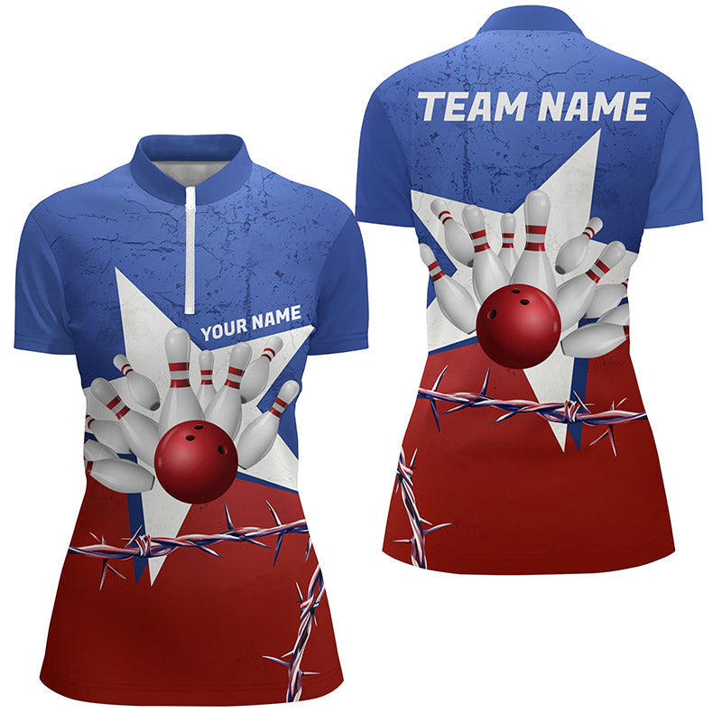 Custom Texas Ladies Bowling Shirt, Barbed Wire Texas Flag Bowling Team Shirt Bowler Outfit IPHW7552
