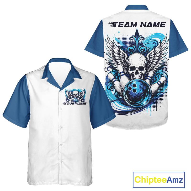 Front and back views of a custom bowling button-up shirt featuring a gothic skull with wings, bowling ball, pins, ornamental swirls, and personalized name in a white and blue design.