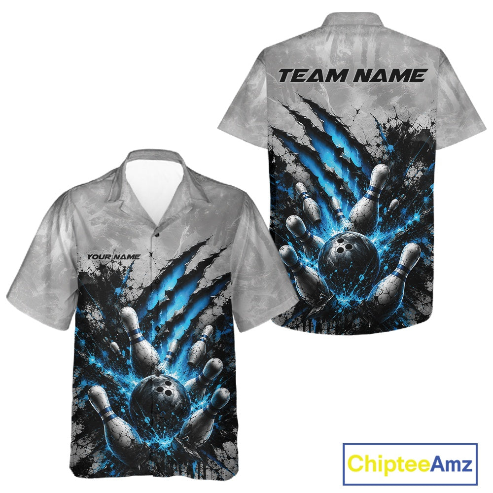 Front and back view of a button-up bowling shirt mockup featuring a dramatic blue bowling ball and pins graphic with claw-mark artwork on a gray shirt.