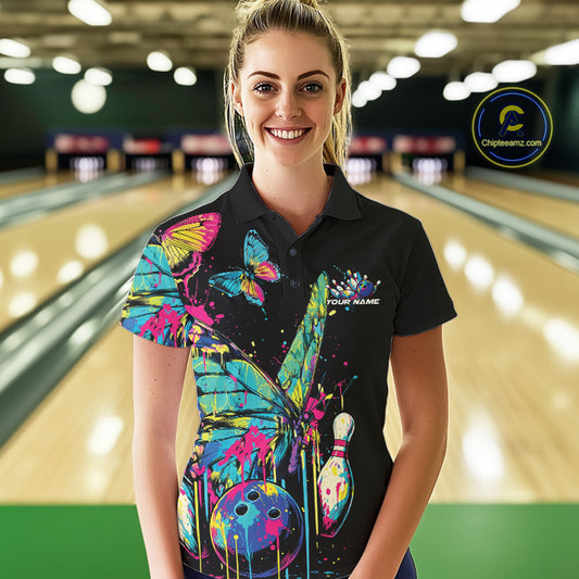 Custom Colorful Butterfly Bowling Team Shirt For Women, Ladies Bowling Outfits IPHW10154