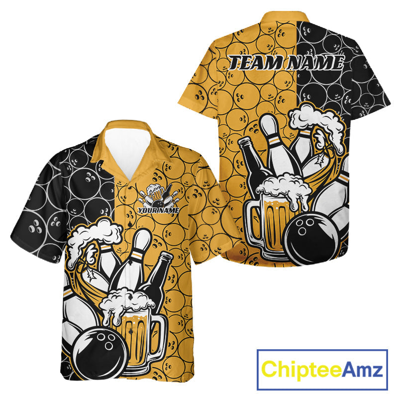 Custom Black And Yellow Retro Bowling Beer Team Shirts For Men And Women, Bowling Pattern Jerseys IPHW10538