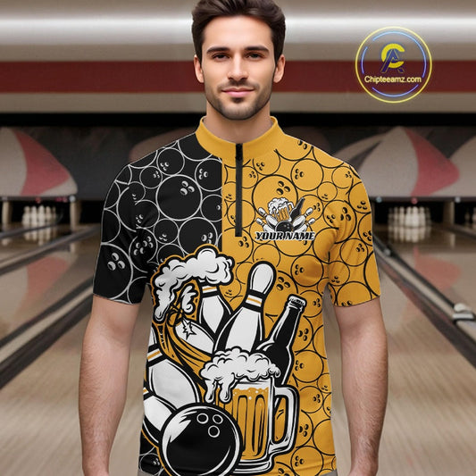 Custom Black And Yellow Retro Bowling Beer Team Shirts For Men, Bowling Pattern Jerseys IPHW10538