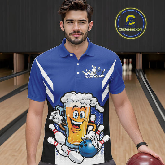Custom Funny Blue Bowling Jerseys Bowling And Beer Men Polo Shirts, Bowling Jerseys IPHW10541