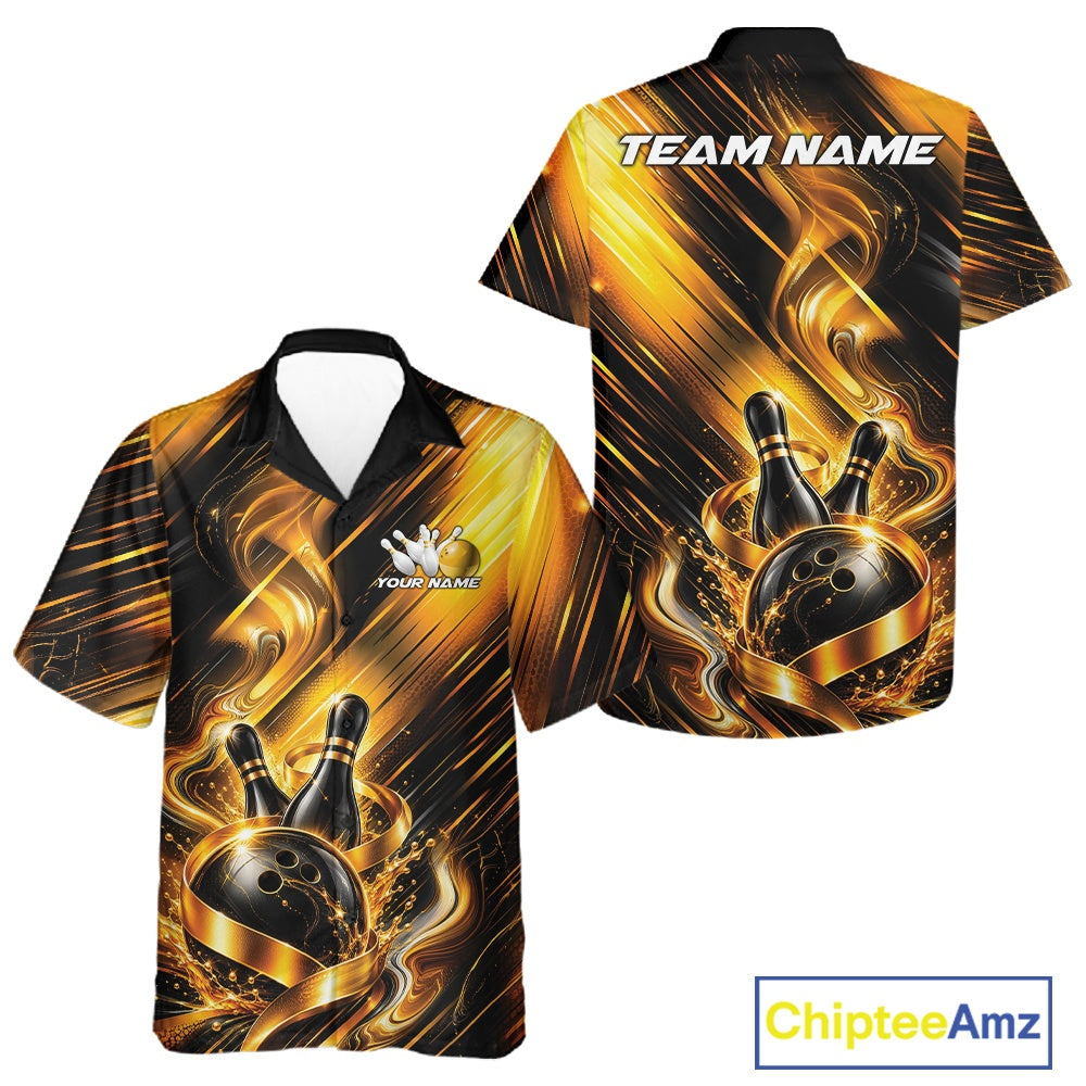 Front and back view of a button-up bowling shirt mockup featuring a black and gold bowling ball and pins graphic accented by flowing metallic ribbons.