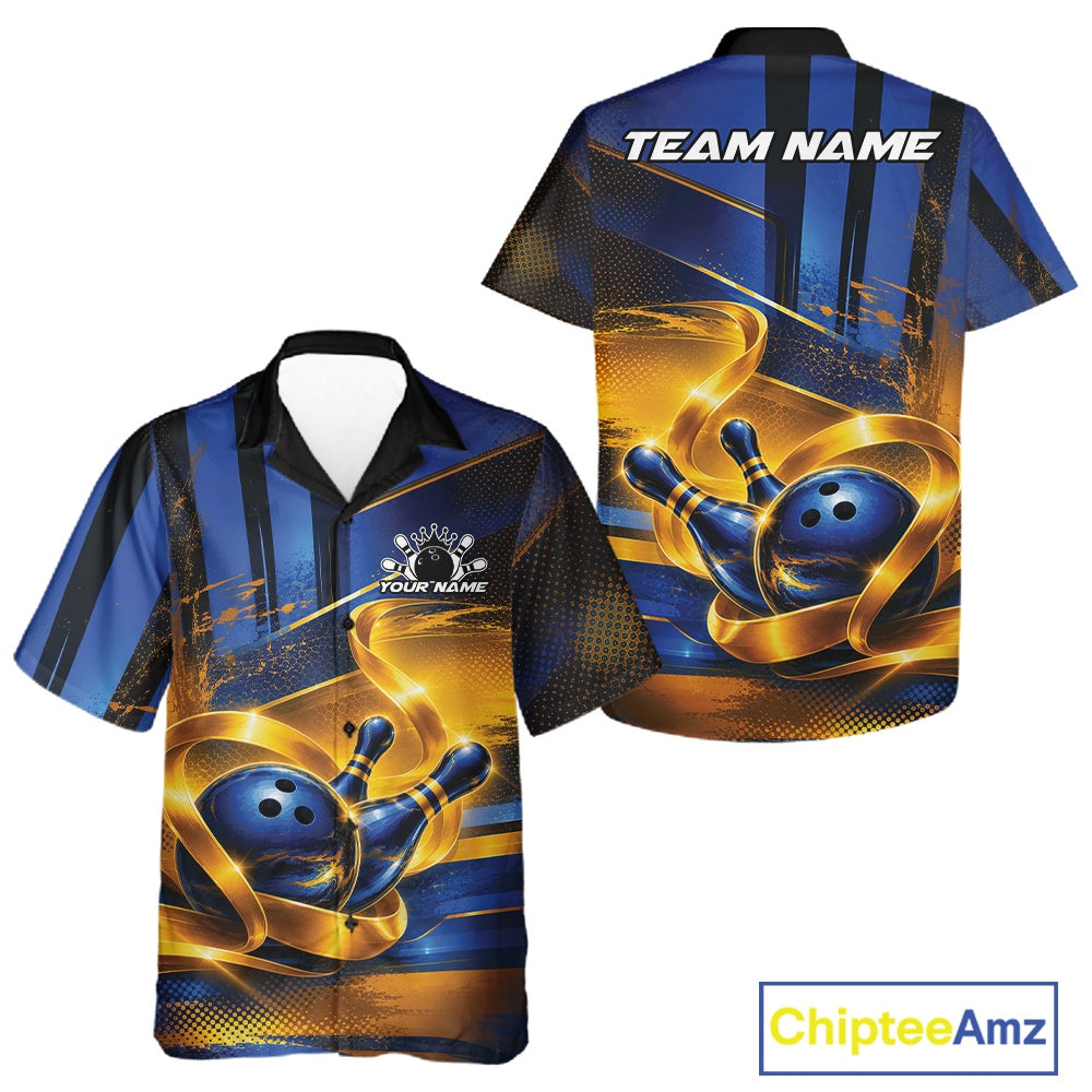 Front and back view of a button-up bowling shirt mockup featuring a glossy blue bowling ball and pins illustration wrapped in elegant flowing gold ribbons.