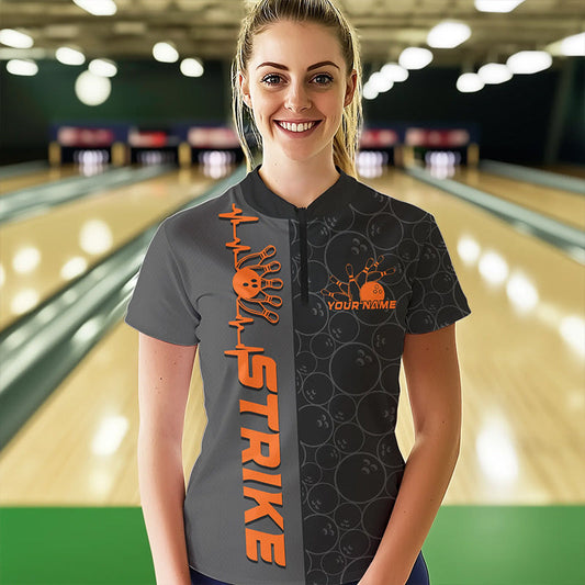 Custom Black And Orange Strike Ladies Bowling Quarter-Zip Shirt, Striking Bowling Jerseys IPHW8457
