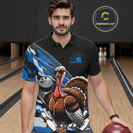 Custom Blue Camo Funny Turkey Bowling Team Shirt For Men, Turkey Bowling Jerseys IPHW10549