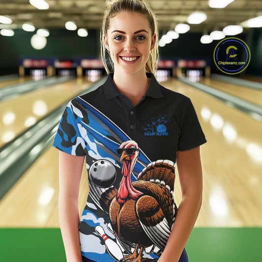 Custom Blue Camo Funny Turkey Bowling Team Shirt For Women, Turkey Bowling Jerseys IPHW10549