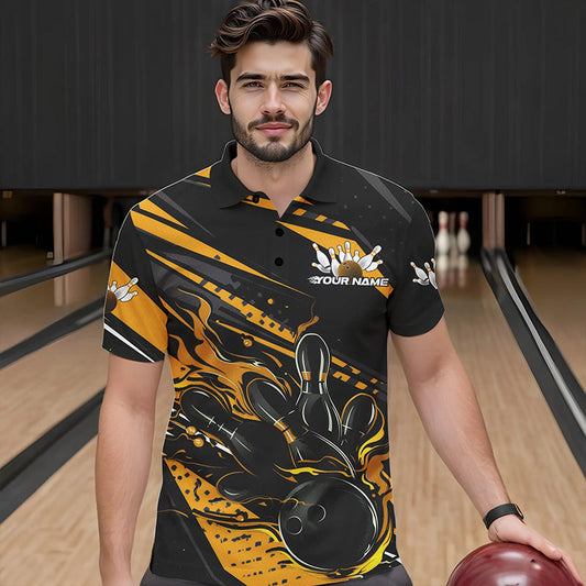 Custom Black And Gold Flame Men Bowling Polo Shirts, Fire Bowling Ball Bowling Team Shirt IPHW8698