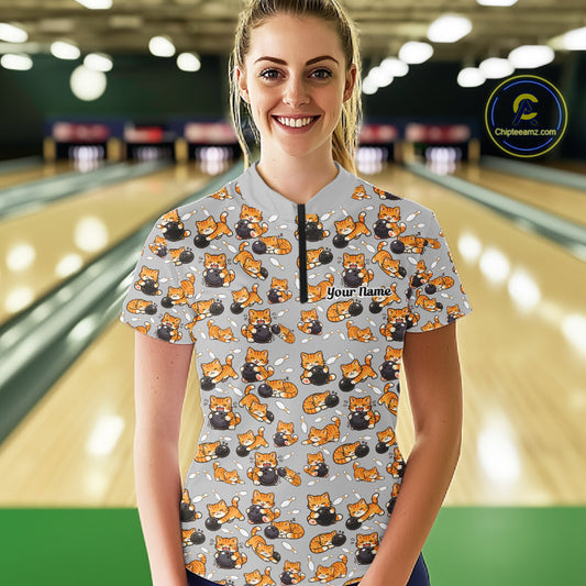 Custom Cute Ginger Tabby Cat Bowling Women Quarter-Zip Shirts, Cat Bowling Team Shirt IPHW10304