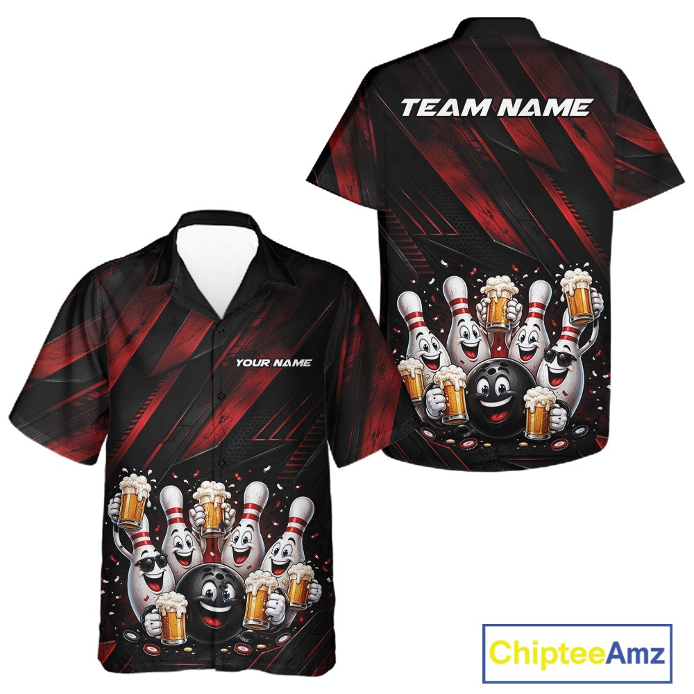 Front and back view of a button-up bowling shirt mockup showcasing festive cartoon bowling balls and pins celebrating with frothy beer mugs, confetti, and bold diagonal stripe accents on a black and red shirt.