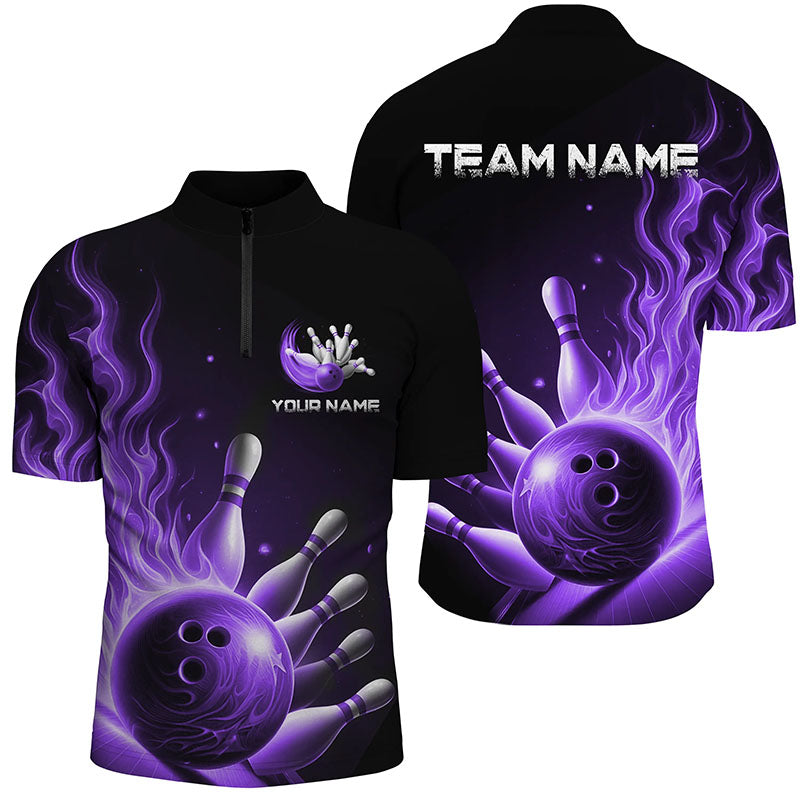Personalized Purple Flame Bowling Polo Shirts For Men Bowling Team Jerseys Strike Bowling IPHW7292