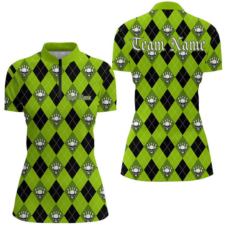 Green Argyle Pattern Custom Skull Bowling Shirts For Women, Halloween Outfit Bowling IPHW7299