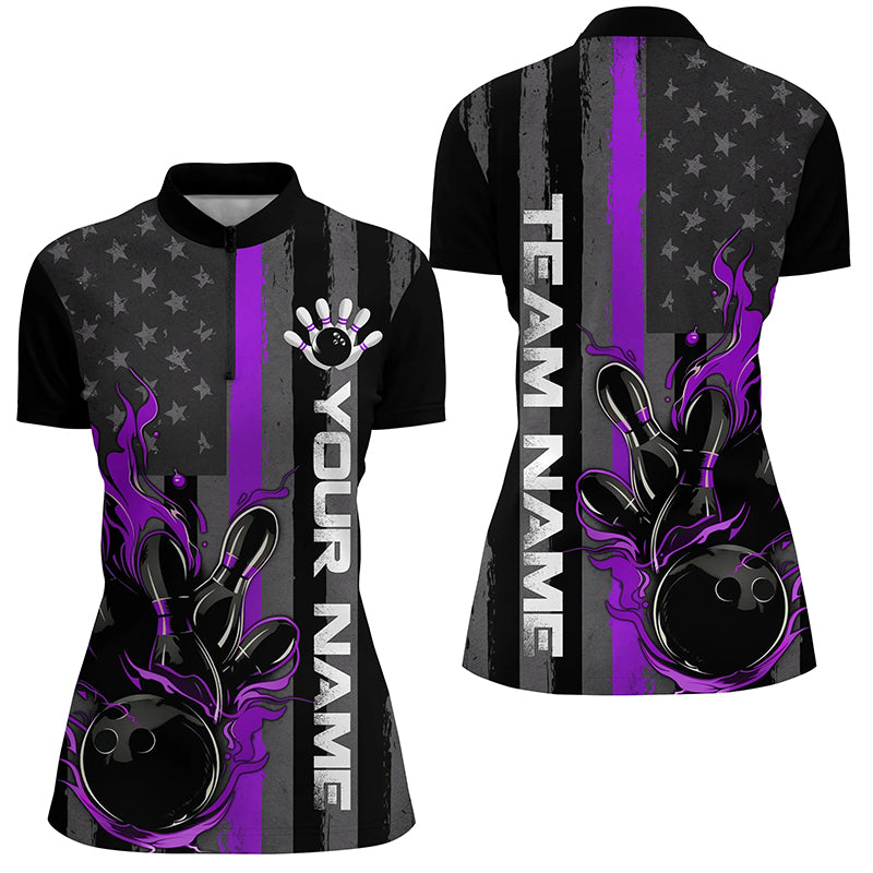 Purple Line American Flag Custom Patriotic Flame Ladies Bowling Shirts, Support Bowling Shirt IPHW7594