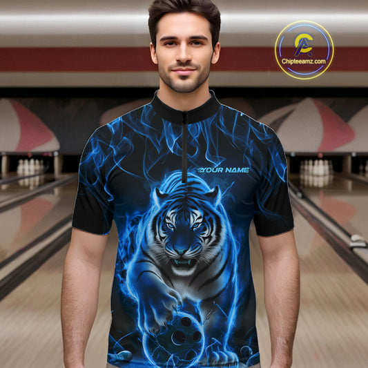 Custom Black And Blue Flame Tiger Bowling Team Quarter-Zip Shirts For Men, Fire Bowling Jerseys IPHW8263