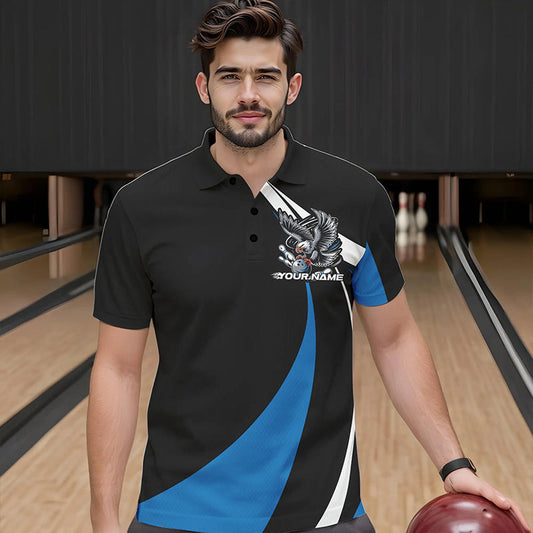 Custom Black And Blue Eagle Bowling Men Polo Shirts, Eagle Bowling Team Jerseys IPHW8733