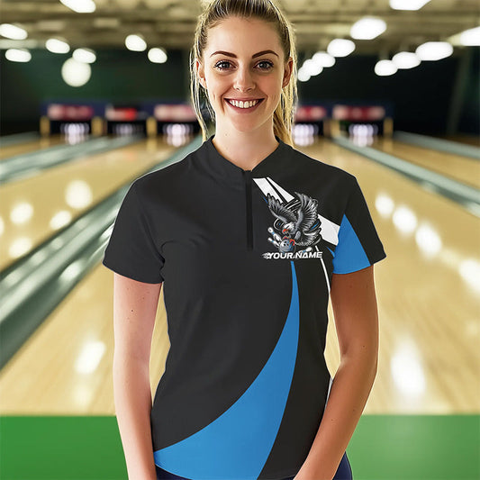 Custom Black And Blue Eagle Bowling Women Quarter-Zip Shirts, Eagle Bowling Team Jerseys IPHW8733