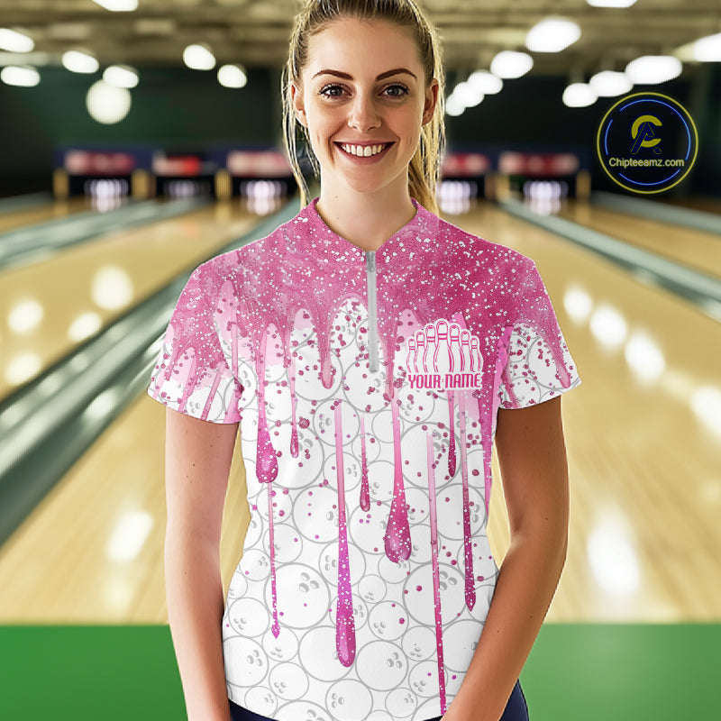 3D Pink Glitter Pink Ribbon Pattern Custom Breast Cancer Bowling Polo Shirts For Women IPHW7051