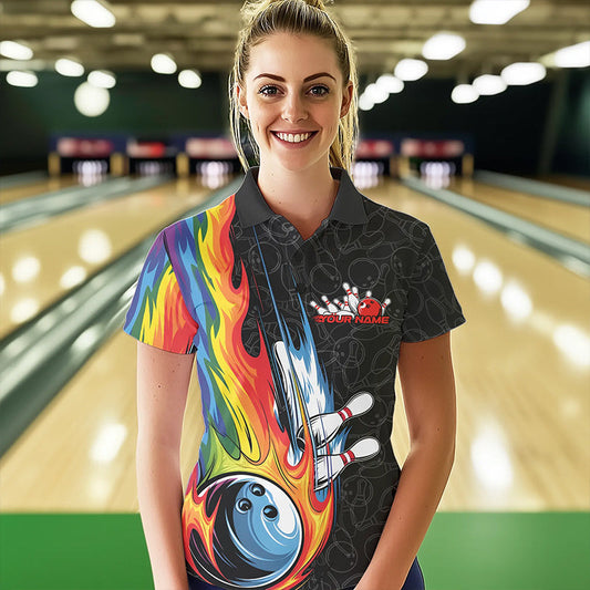 Custom Rainbow Flame Bowling Team Polo Shirts For Women, Colorful Bowling League Shirt IPHW8747