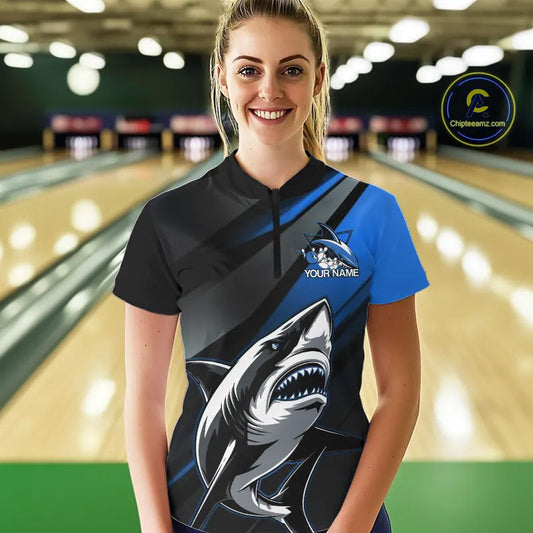 Custom Black And Blue Shark Bowling Jersey, Bowling Uniform Shark Women Quarter-Zip Shirt IPHW9000
