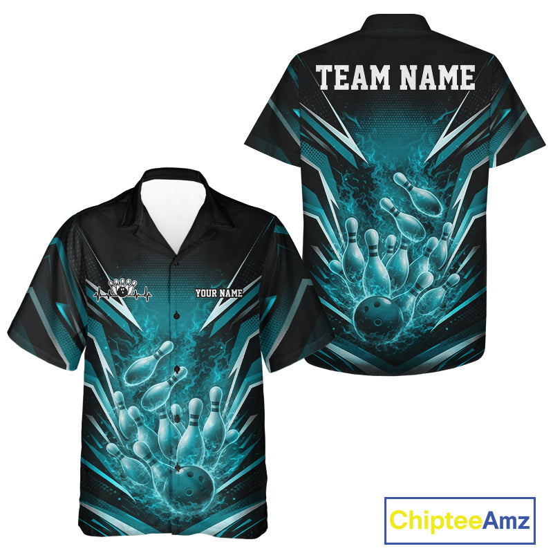 Front and back views of a black and turquoise blue button-up bowling shirt featuring explosive bowling strike artwork.