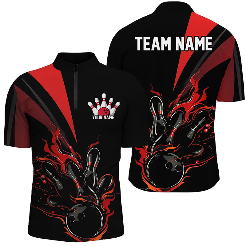 Custom Black And Red Flame Bowling Shirts For Men, Bowling League Shirts Team Jerseys IPHW7324
