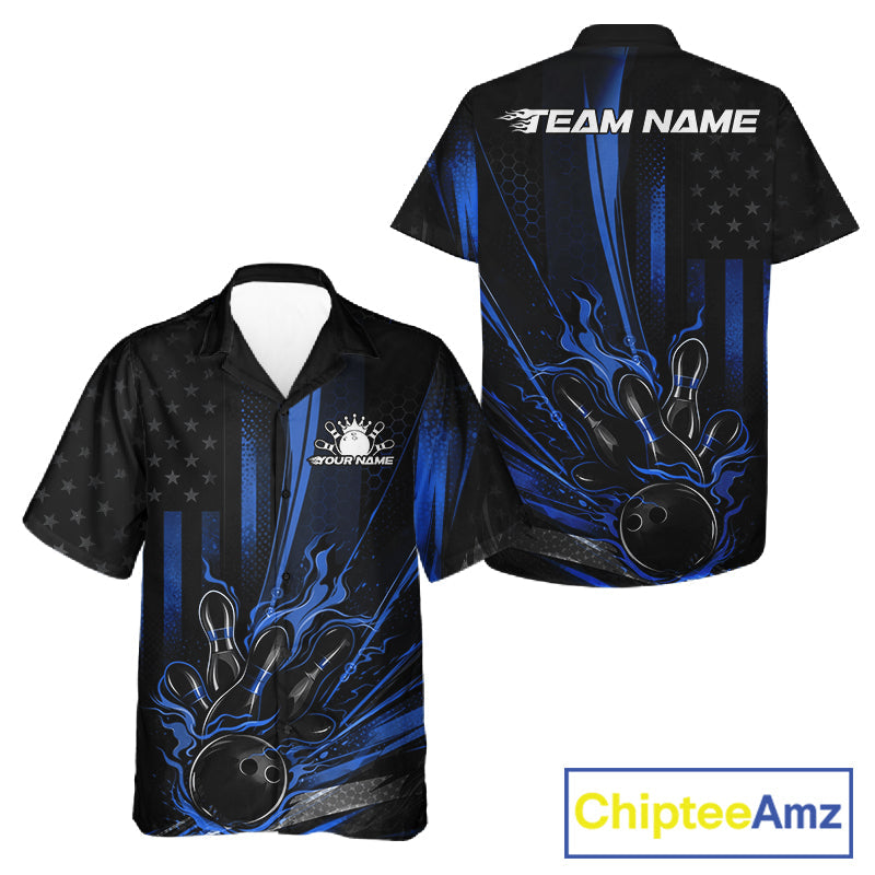 Custom Black And Blue US Flag Patriotic Men And Women Bowling Shirt, American Flame Bowling Jerseys IPHW10641