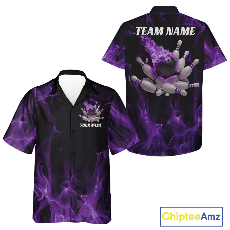 Front and back view of a black and purple button-up bowling shirt featuring a bowling ball crashing into scattered pins with flame background design.