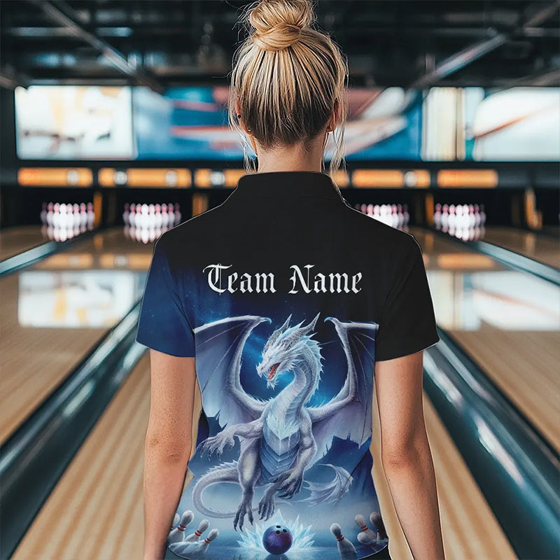 Custom Blue Ice Dragon Bowling Polo Shirts For Women, Dragon Bowling League Shirt IPHW8301