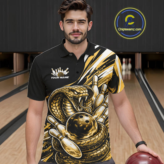 Custom Black And Yellow Cobra Snake Men Bowling Polo Shirts, Cobra Bowling Jerseys IPHW10372