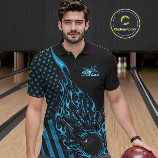 Male model wearing a black bowling polo shirt at a bowling lane with blue flame bowling strike artwork and patriotic accents.