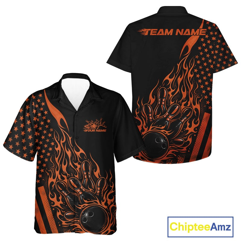 Front and back view of a black button-up bowling shirt featuring an orange flaming bowling ball striking pins with a patriotic American flag theme.