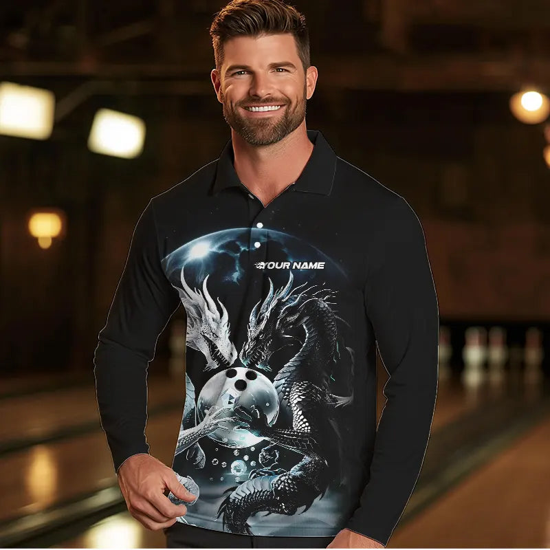 Black And White Dragon Custom Bowling Long Sleeve Polo Shirts For Men, Dragon Bowling League Shirt IPHW7064