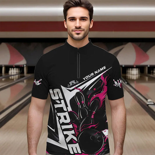 Custom Black And Pink Flame Strike Bowling Quarter-Zip Shirts For Men, Strike Bowling Jerseys IPHW8314